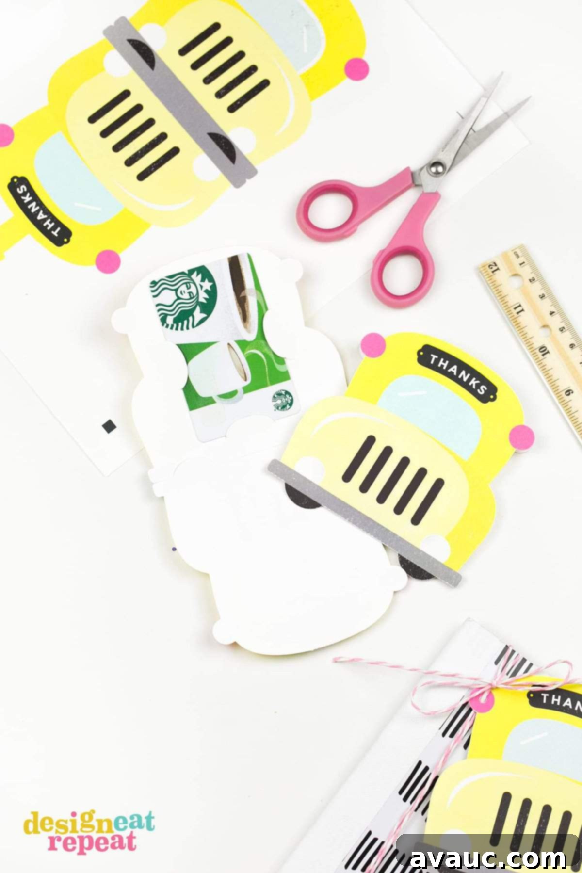 DIY School Bus Gift Card Template 3 Two versions of the yellow school bus printable teacher gift card holder: one with 'Thank You' and one blank, both holding Starbucks gift cards.