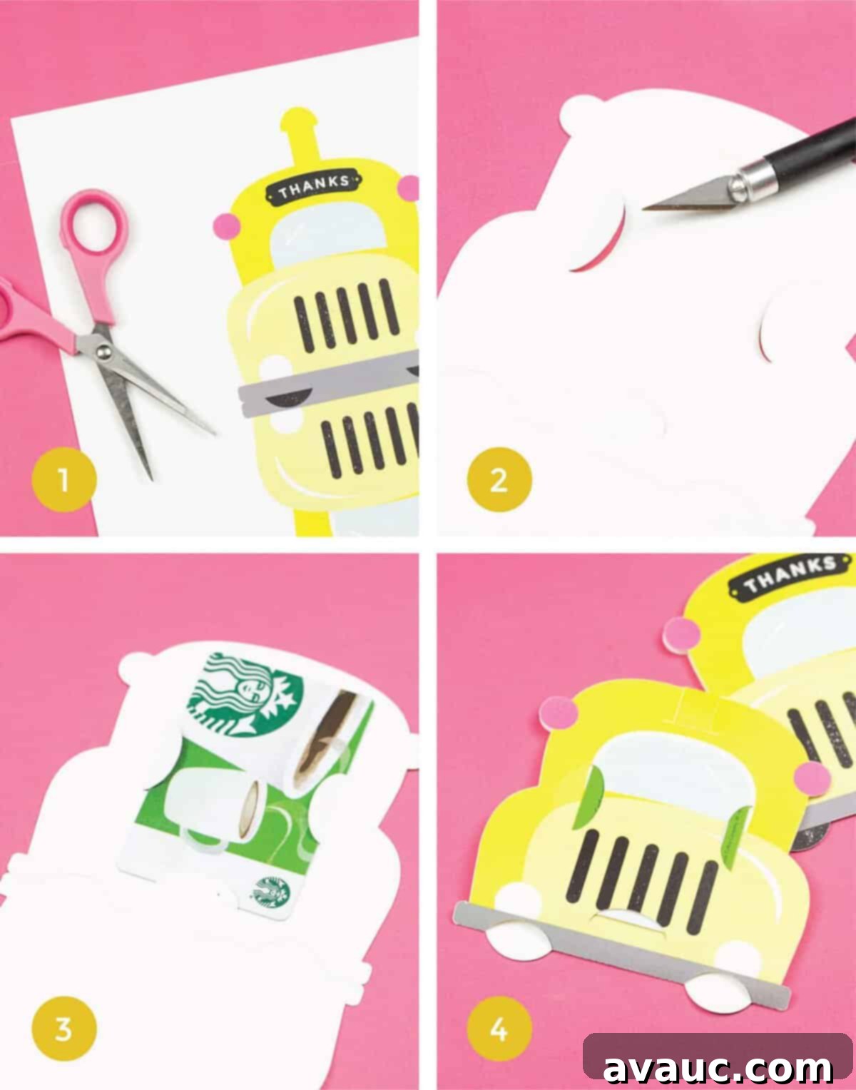 DIY School Bus Gift Card Template 4 Step-by-step instructions to make a school bus printable teacher gift card holder, showing cutting and folding.