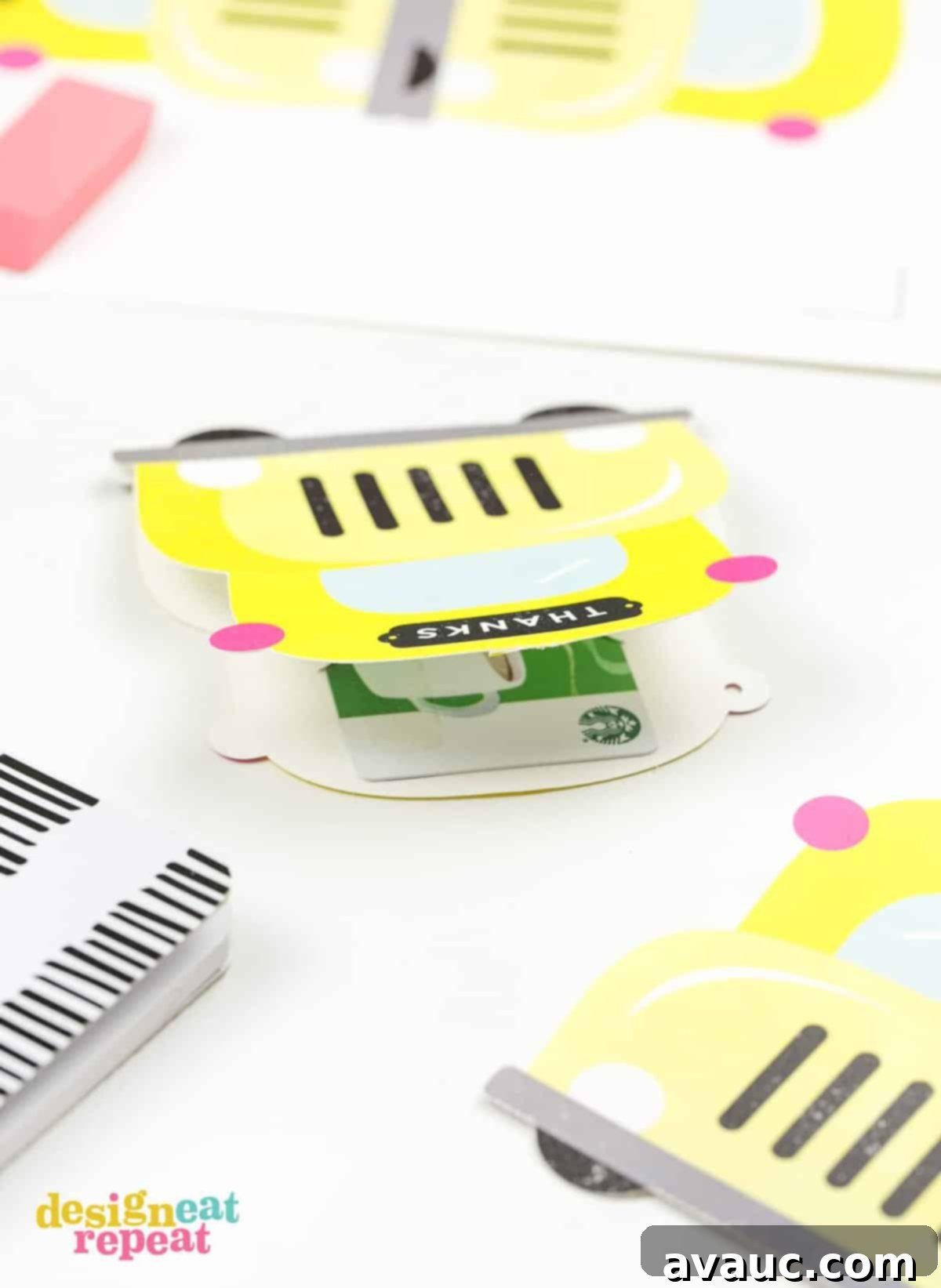 DIY School Bus Gift Card Template 5 The finished yellow school bus printable teacher gift card holder, sealed with a tab and holding a Starbucks gift card.