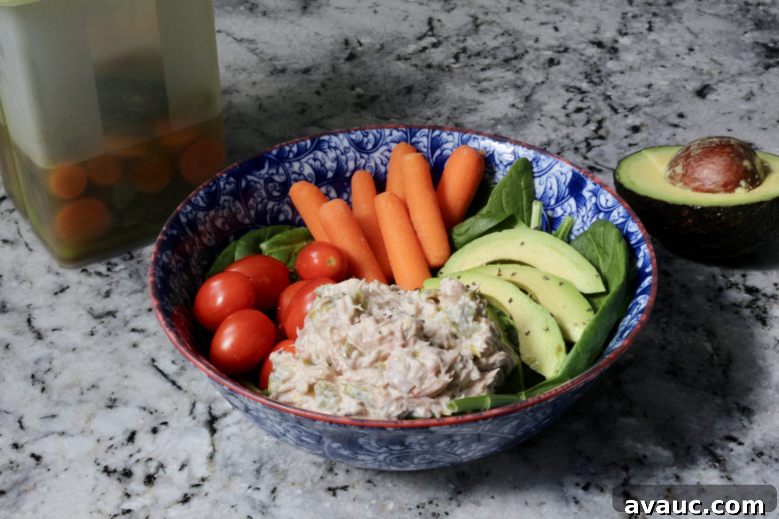 Assembled Whole30 tuna salad lunch bowl, healthy and filling lunch, meal prep
