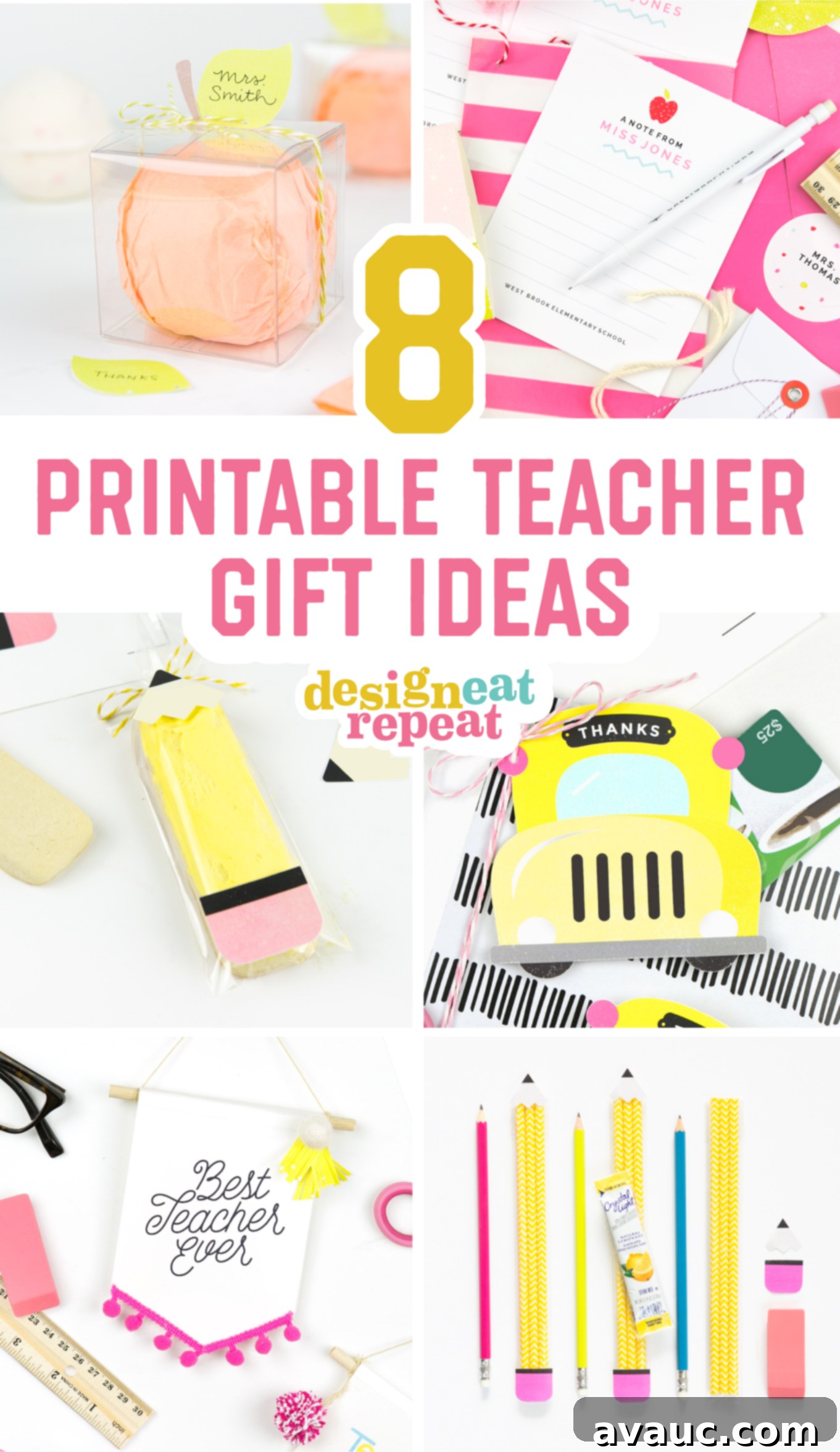 Collection of 8 printable teacher gift ideas, including pencil pouches, cookies, and gift card holders.