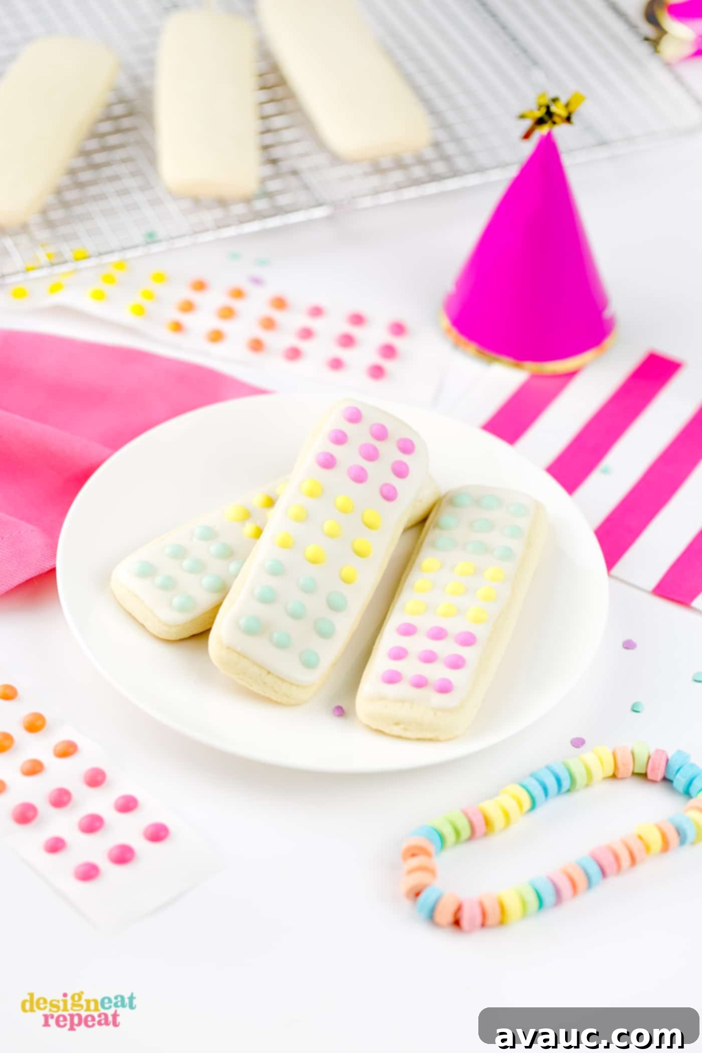 Delicious and colorful Candy Button Cookie Sticks arranged on a white background, evoking nostalgia for vintage candy dots.