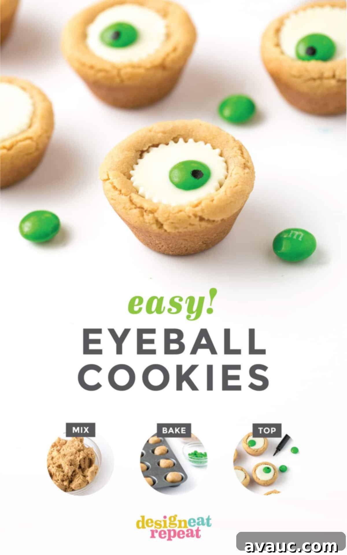 Spooktacular Peanut Butter Cup Eyeballs 2 Easy Halloween Eyeball Cookies the kids can help with! After baking, simply press a miniature white peanut butter cup and M&M into the top of each one for a spooky (but cute!) halloween cookie idea. #Halloween #Cookies #EyeballCookies | www.DesignEatRepeat.com