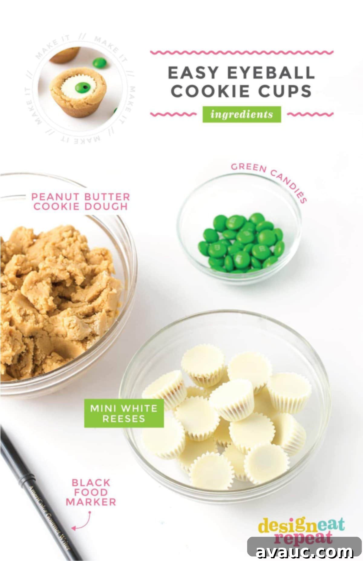 Spooktacular Peanut Butter Cup Eyeballs 6 Ingredients for Easy Eyeball Cookies - Bowl of White Chocolate Reeses, Peanut Butter Cookie Dough, Bowl of Green M&M's, and Black Food Pen