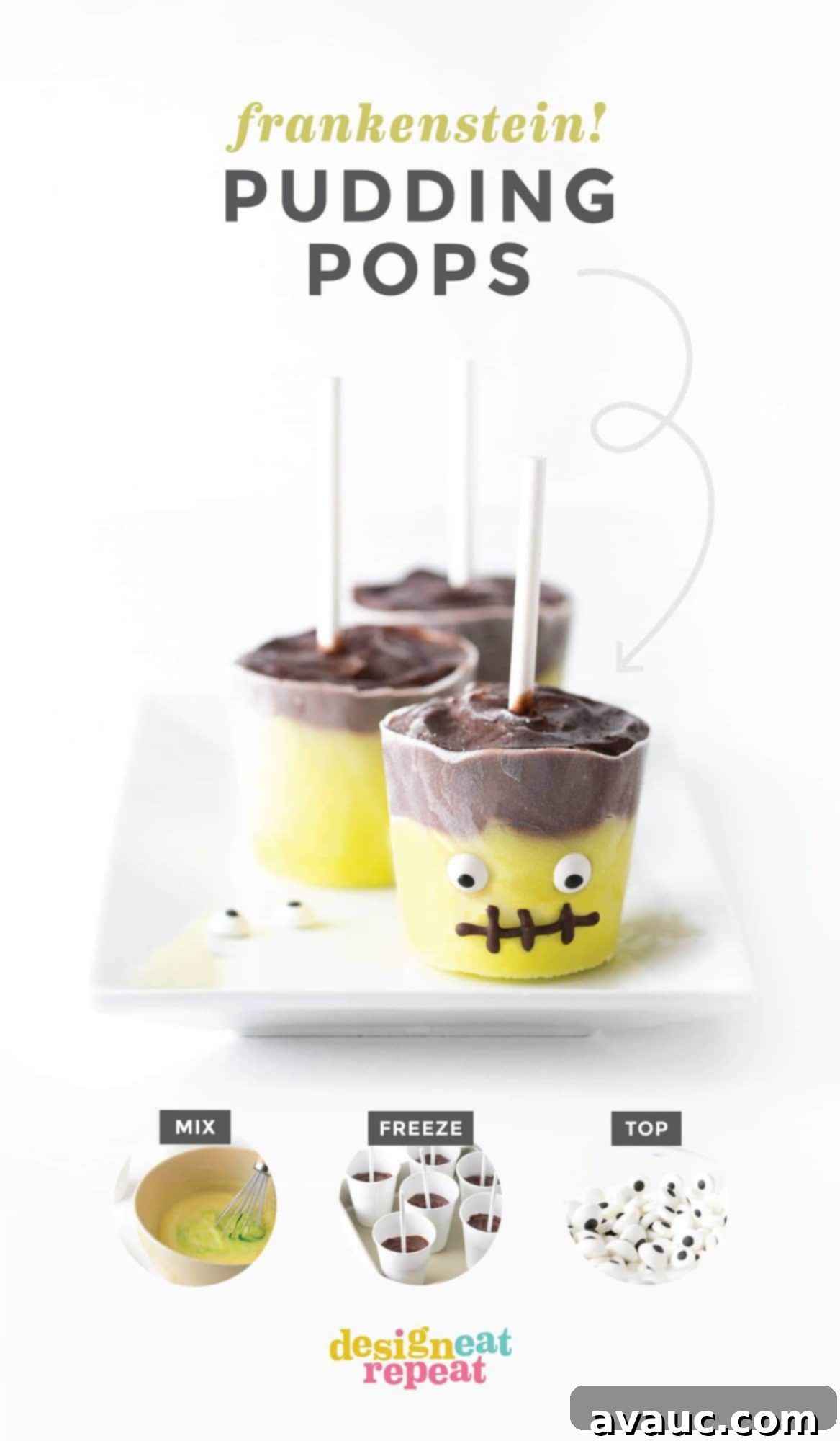 Adorable Frankenstein Pudding Pop with green face and chocolate hair, perfect for Halloween treats.