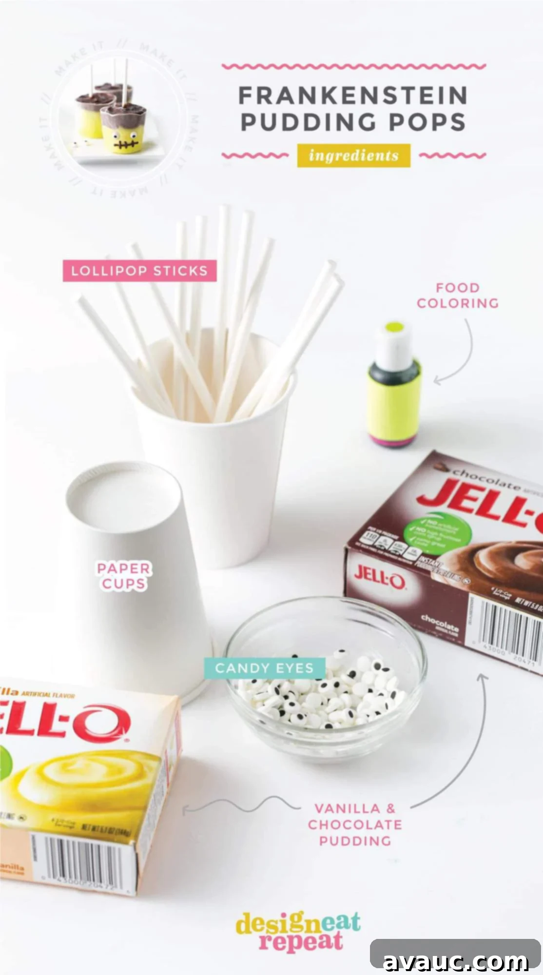 Ingredients laid out for making Frozen Halloween Pudding Pops: pudding boxes, food coloring, paper cups, candy eyeballs, and sticks.