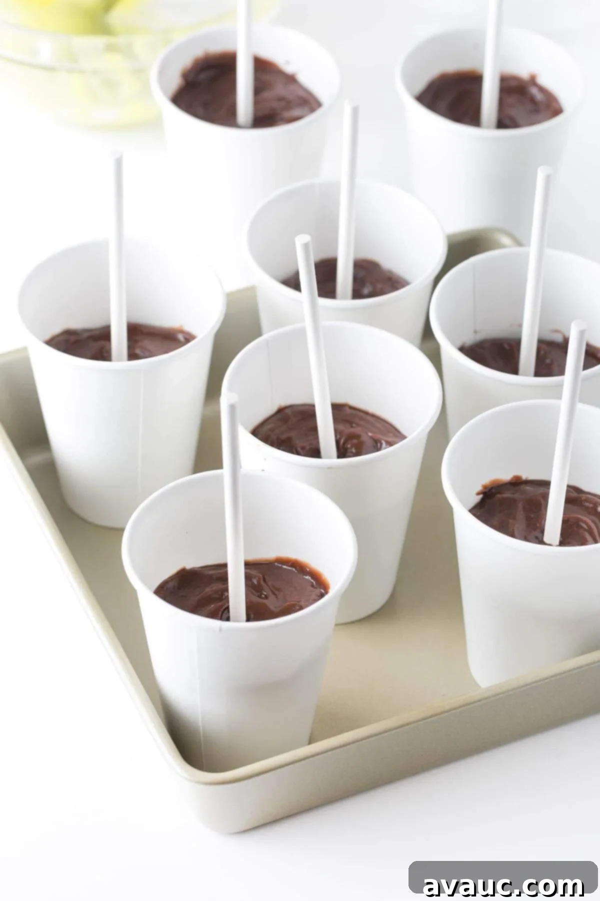 Paper cups filled with layered green and chocolate pudding, ready for the freezer to become Frankenstein treats.