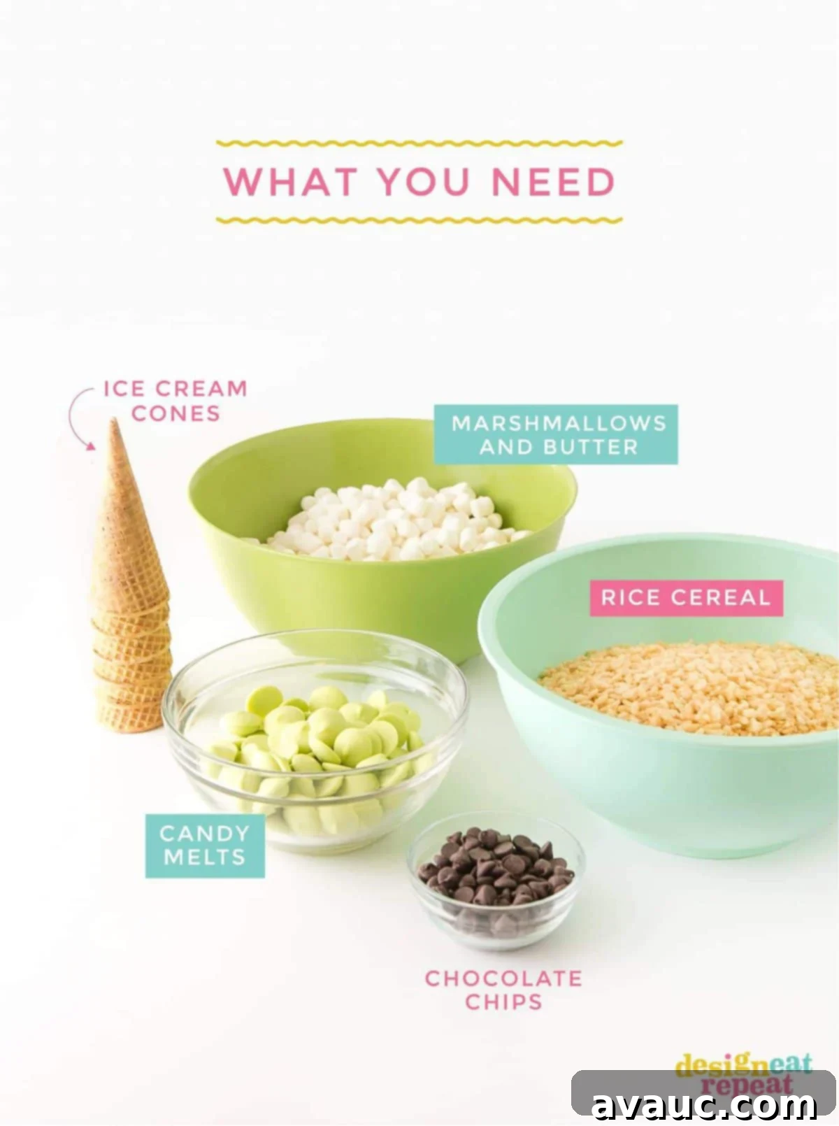 A vibrant flat lay of ingredients for making Cute Zombie Halloween Rice Krispie Treats, including green marshmallows, Rice Krispies cereal, green candy melts, ice cream cones, and chocolate chips.