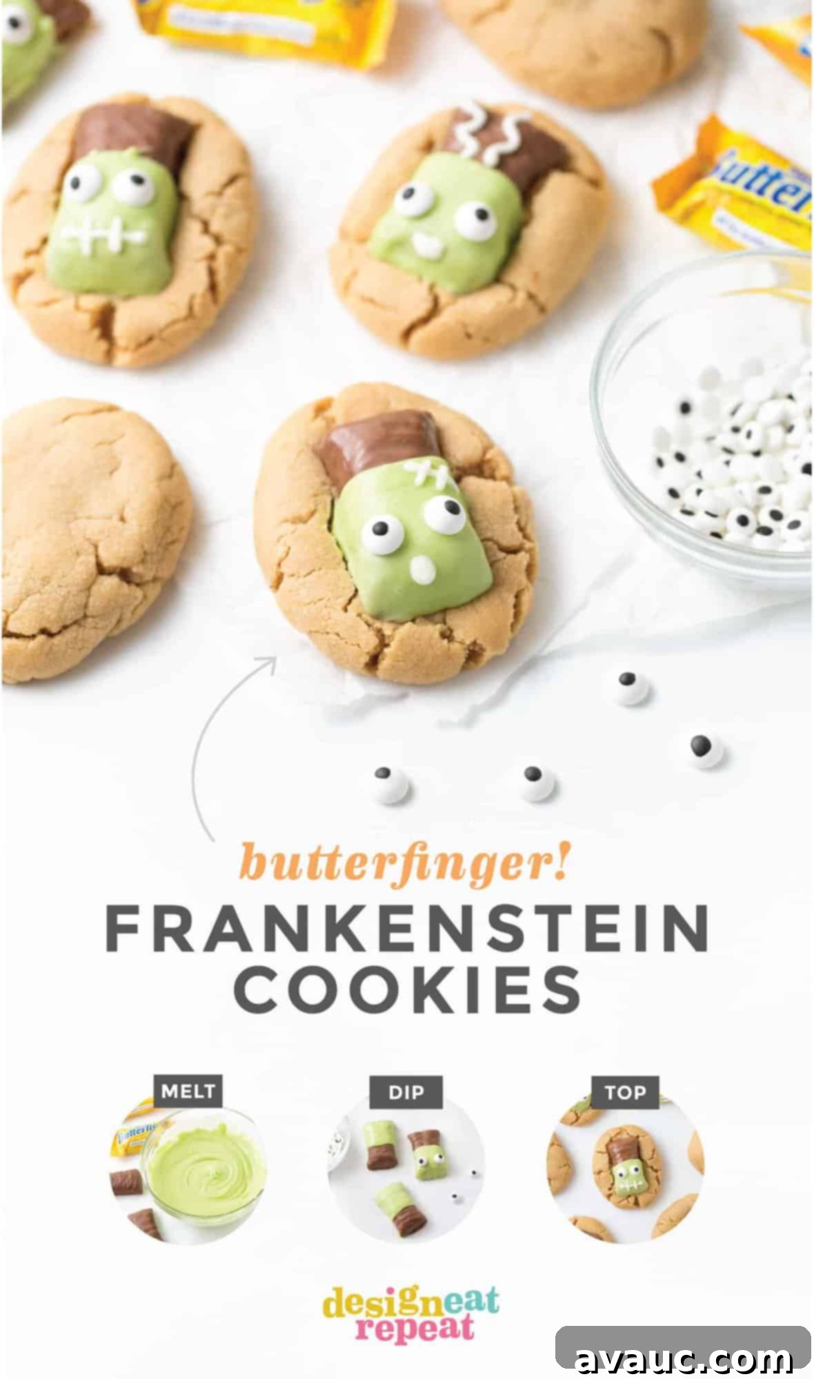 Peanut Butter Cookies with Butterfinger Frankensteins on top. Butterfinger candy bar dipped in green white chocolate then decorated with eyeballs on top.