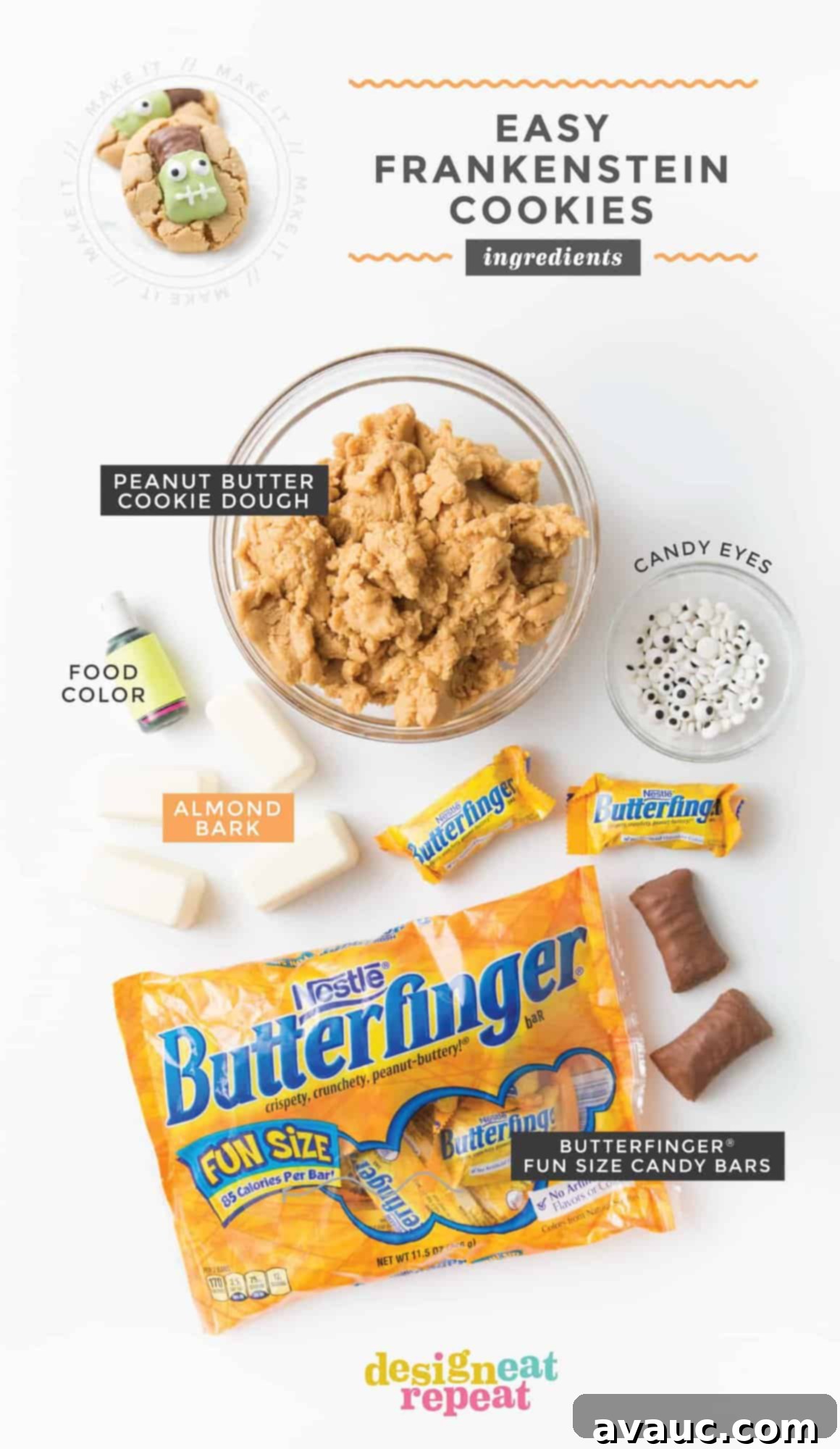 Ingredients for Peanut Butter Frankenstein Cookies. Bag of Butterfinger candy bars, almond bark, green food coloring, peanut butter cookie dough, and candy eyeballs.