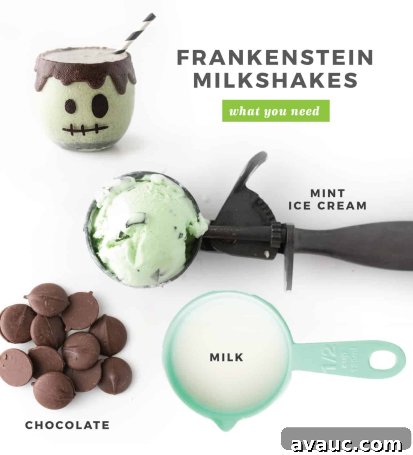 Ingredients for Frankenstein Milkshakes Ingredients to make Frankenstein Halloween Milkshakes. Mint chip ice cream scoop, dark chocolate wafers, blue measuring cup of milk, frankenstein milkshake.