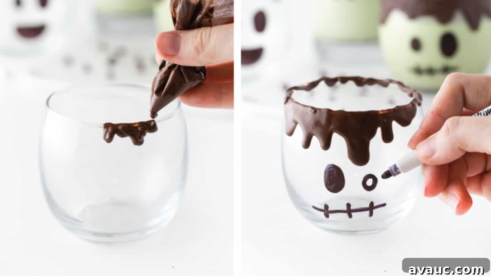 Decorating Frankenstein Milkshake cups Hand piping chocolate over rim of glass cup. Hand drawing Frankenstein face on clear glass with permanent marker. Easy Halloween Milkshakes.