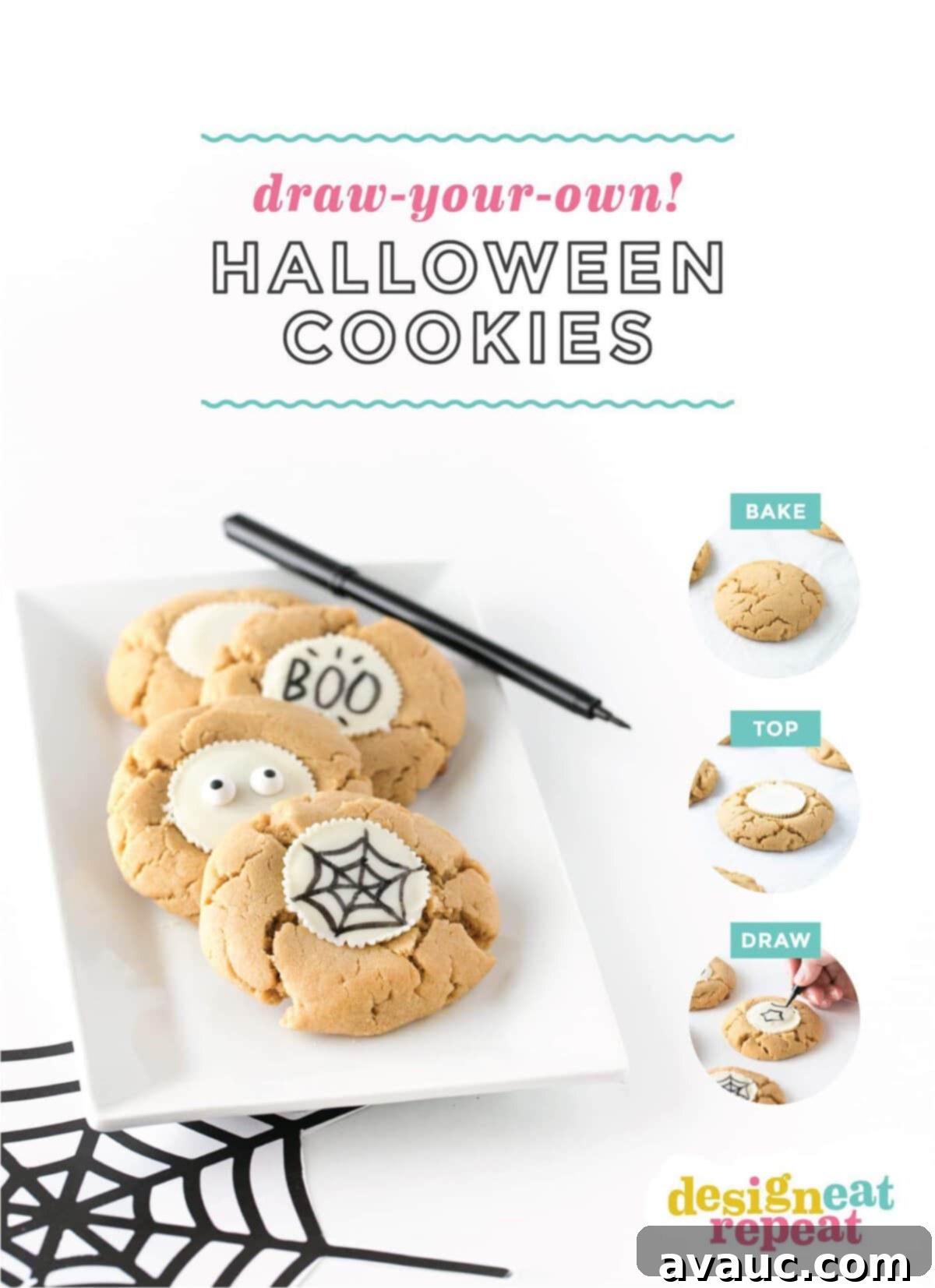 Design Your Own Simple Spooky Cookies 2 Easy Halloween cookies decorated with edible pens, showing a white peanut butter cup base.