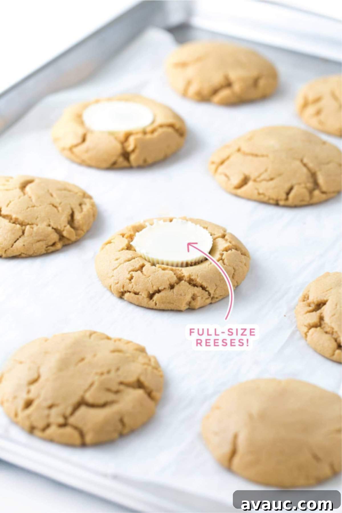 Design Your Own Simple Spooky Cookies 6 Warm peanut butter cookies with white chocolate peanut butter cups pressed into their centers.