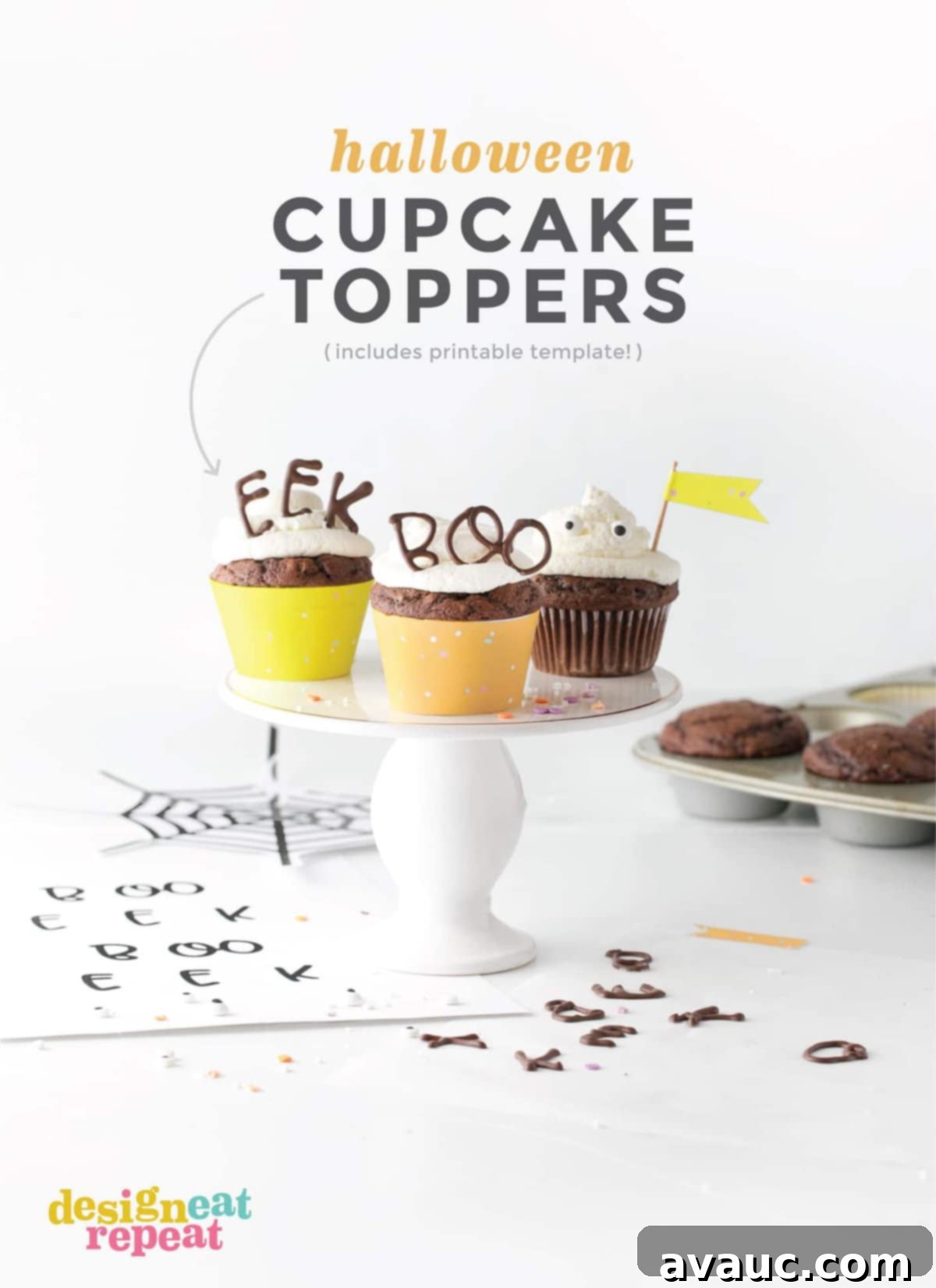 Spooky Edible Cupcake Toppers 2 Use melted chocolate to create these modern & fun Edible Halloween Cupcake Toppers! Perfect for decorating last-minute cupcakes for Halloween parties, class treats, or more! #Halloween #Cupcakes | www.DesignEatRepeat.com