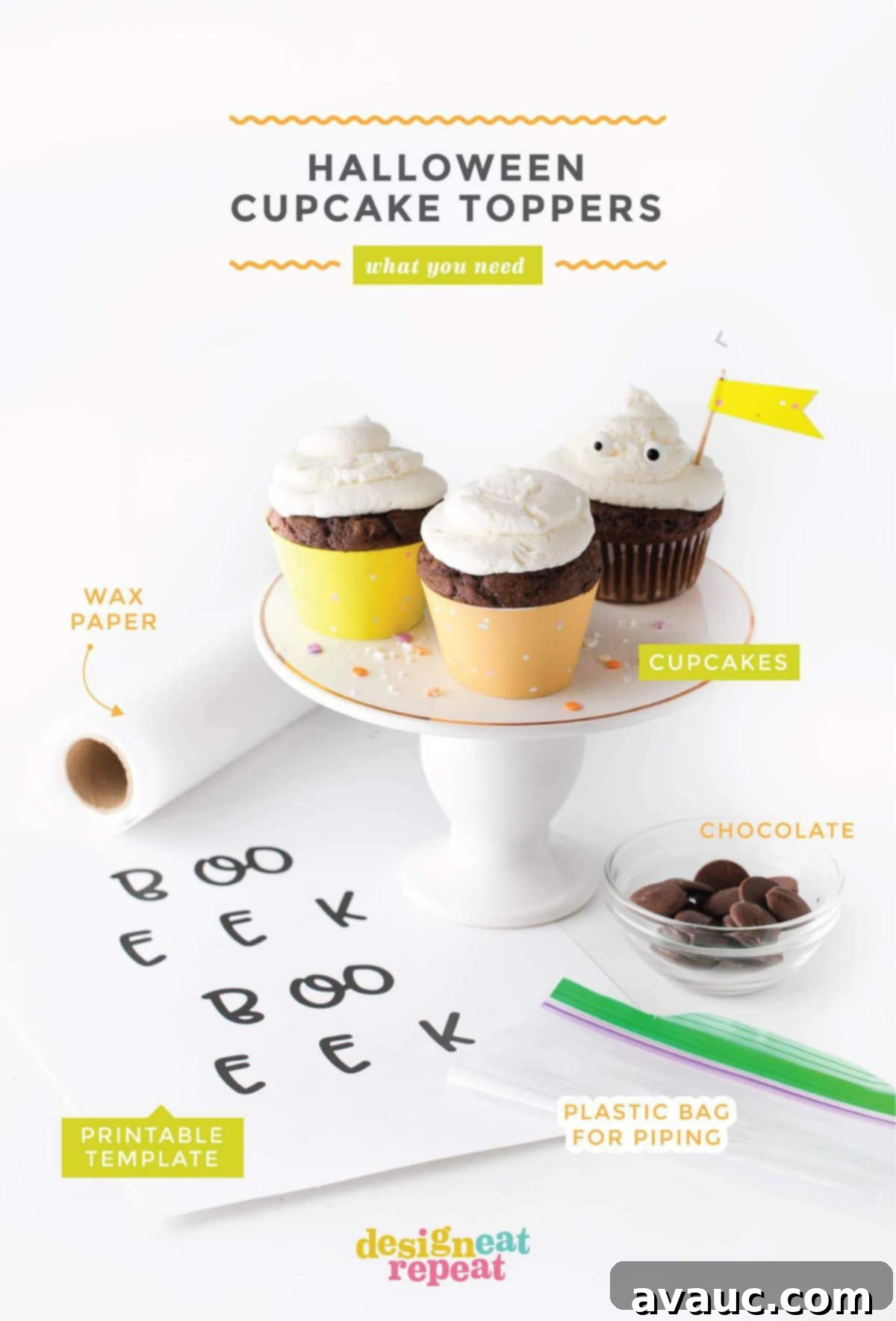 Spooky Edible Cupcake Toppers 3 Materials for Edible Halloween Cupcake Toppers. Cupcakes, printable template, wax paper, plastic bag, and chocolate.