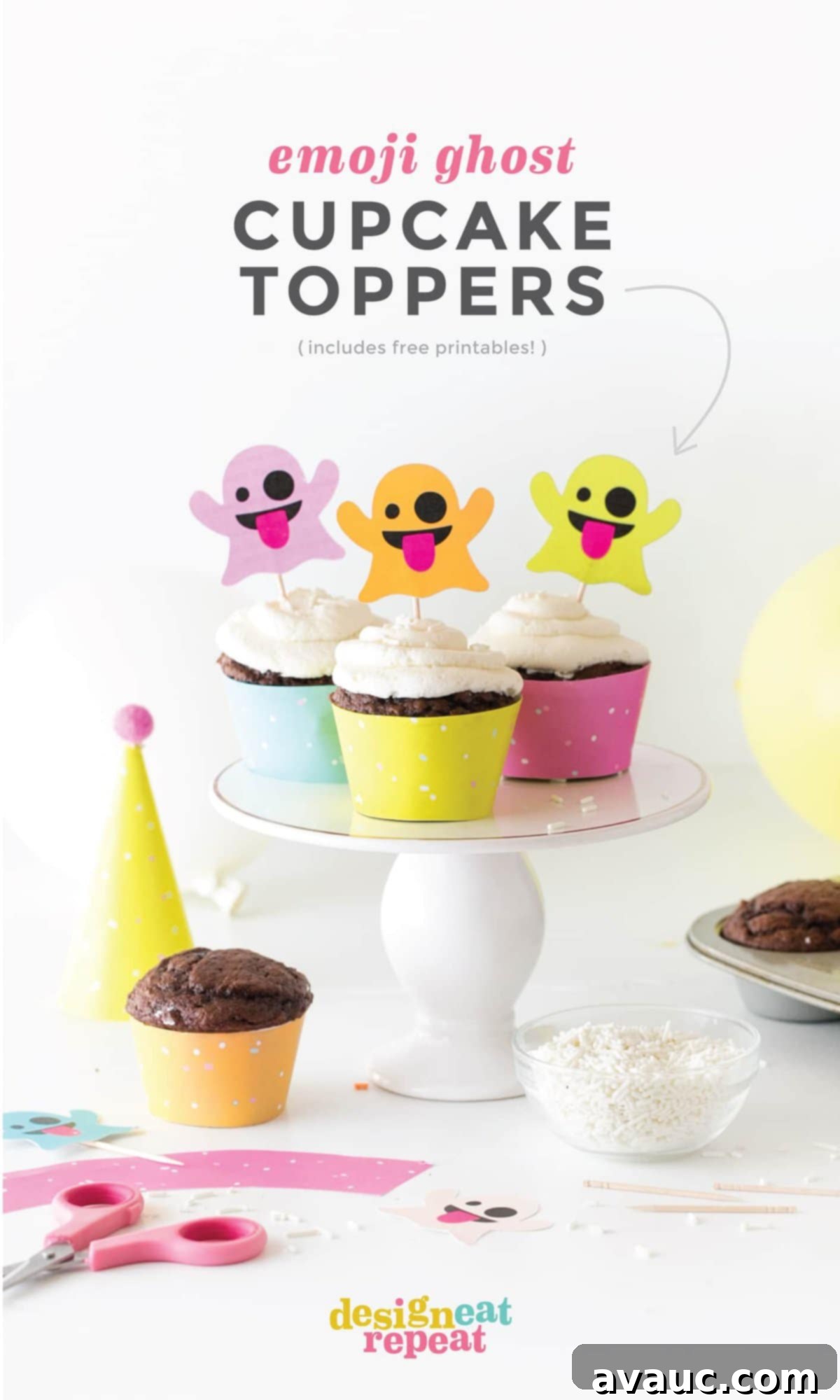 Emoji Ghost Halloween Cupcake Toppers! Free to download and print at www.DesignEatRepeat.com #Halloween #Printable #Cupcake #Emoji