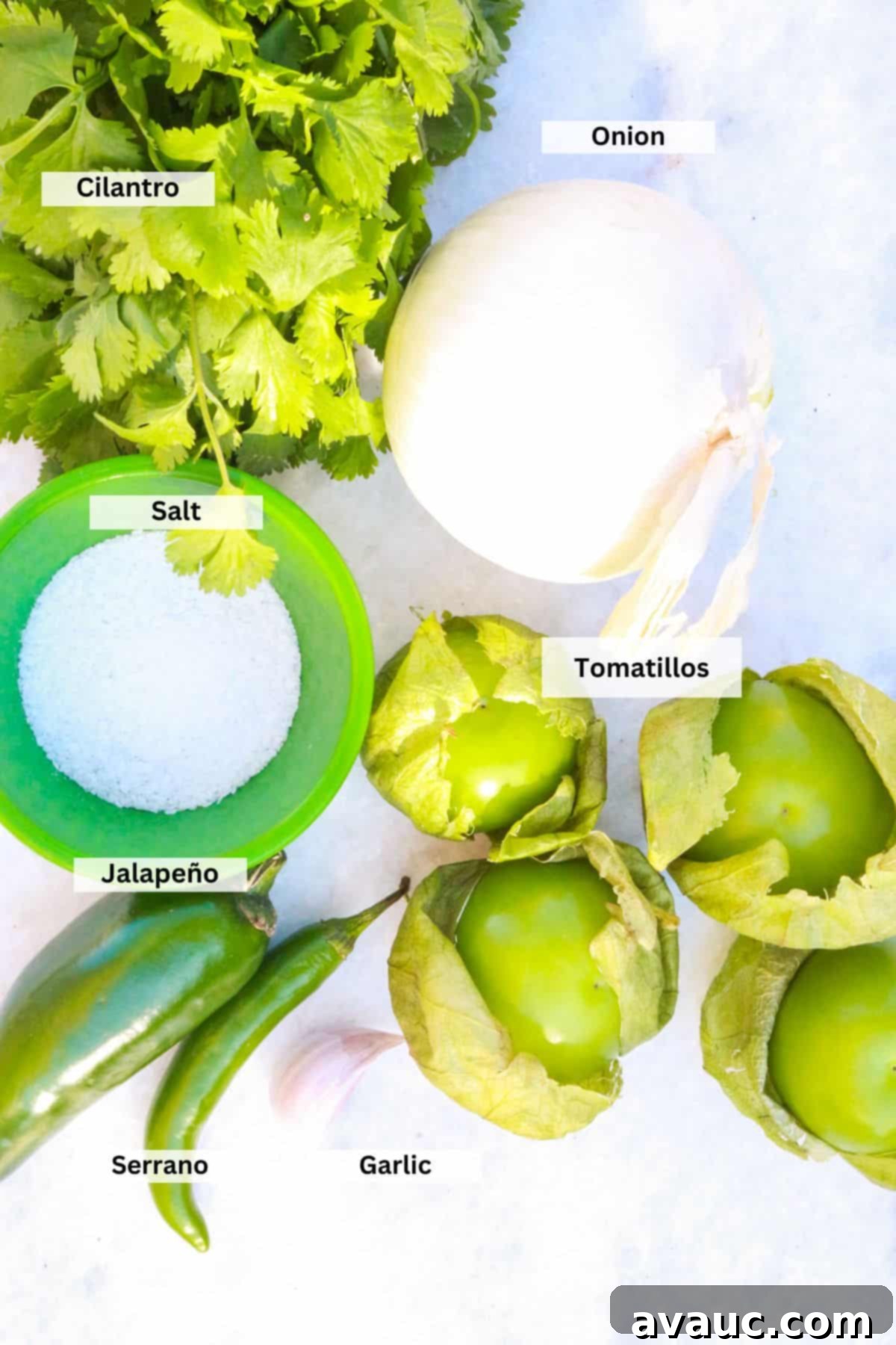 Ingredients for salsa verde taquera: cilantro, onion, salt, tomatillos, garlic, serrano pepper and jalapeño