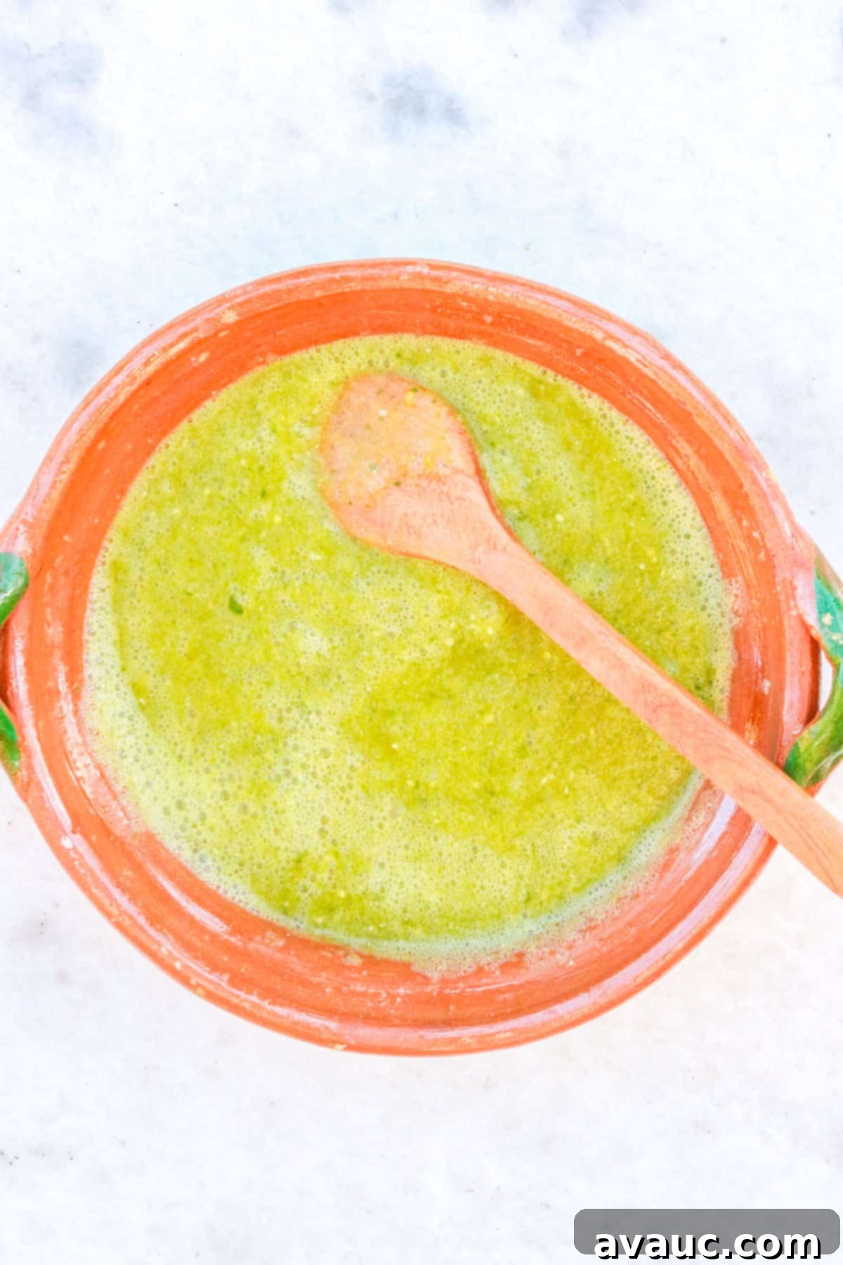 Top view of blended salsa verde in a Mexican bowl