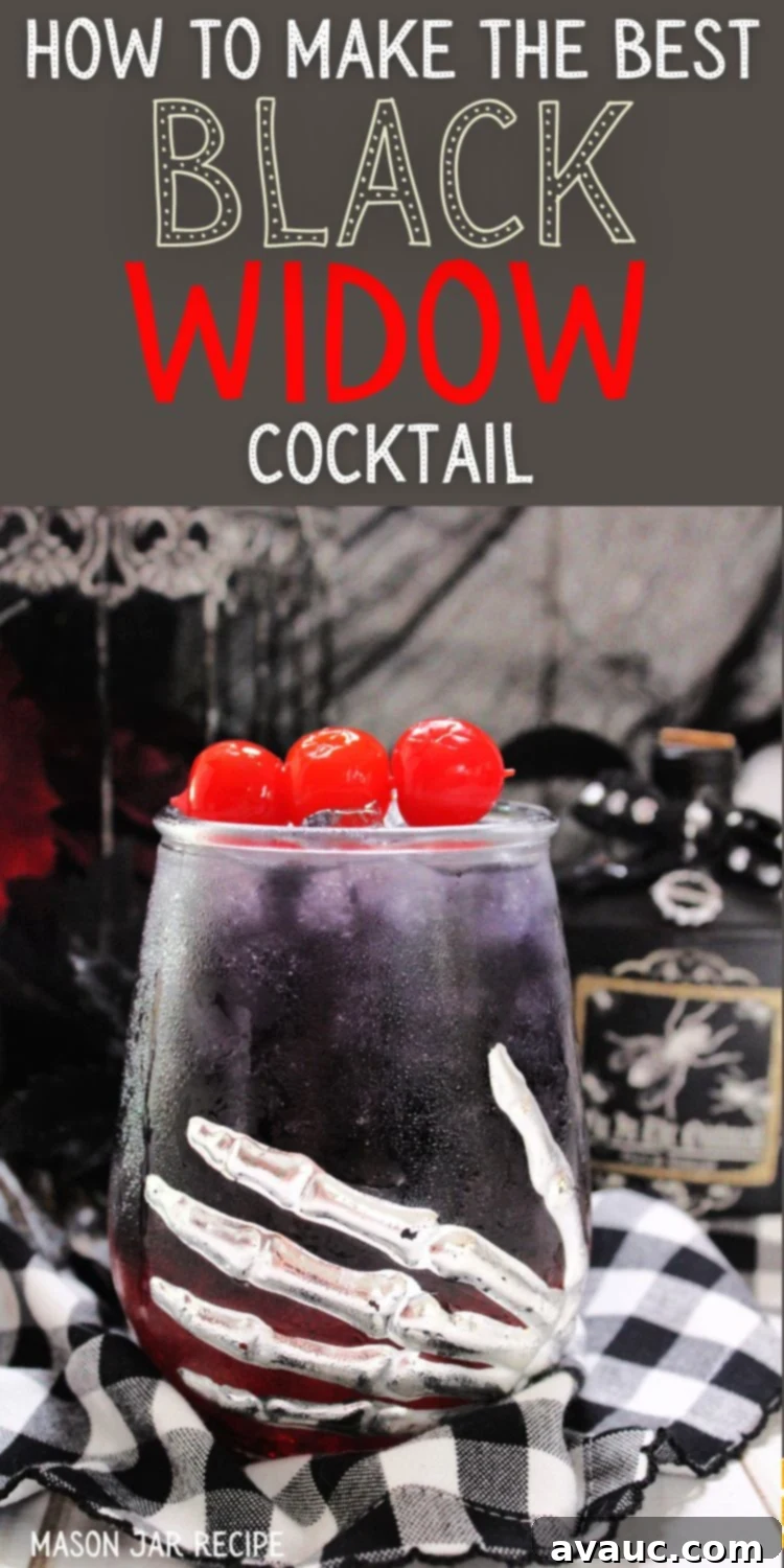 Black Widow cocktail in a glass with gold shimmer and text overlay for Pinterest, encouraging readers to save the recipe.