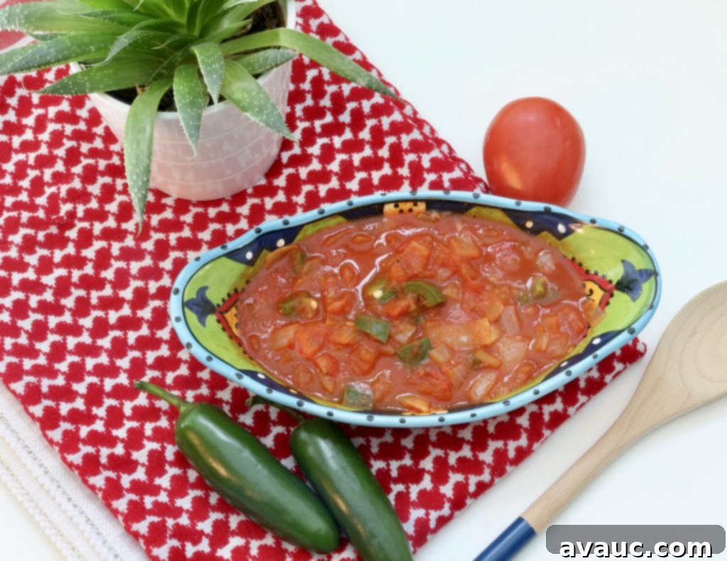 Chunky Saucy Jalapeño Salsa in a white bowl, showing its rich, saucy texture.