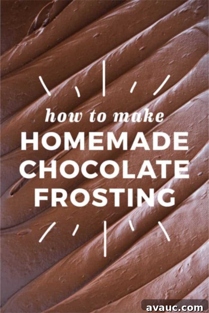 Photo of chocolate frosting background with "How to Make Homemade Chocolate Frosting" text on top.