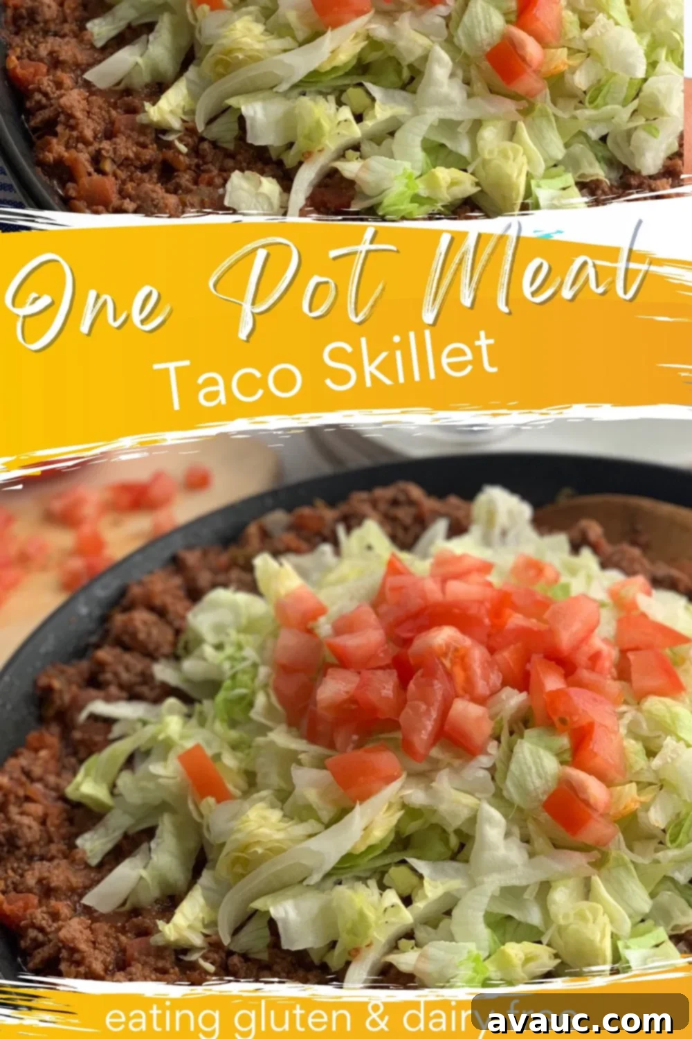 Easy Gluten Dairy Free One Pan Taco Skillet 6 Two skillets with an easy taco skillet dinner and text overlay.