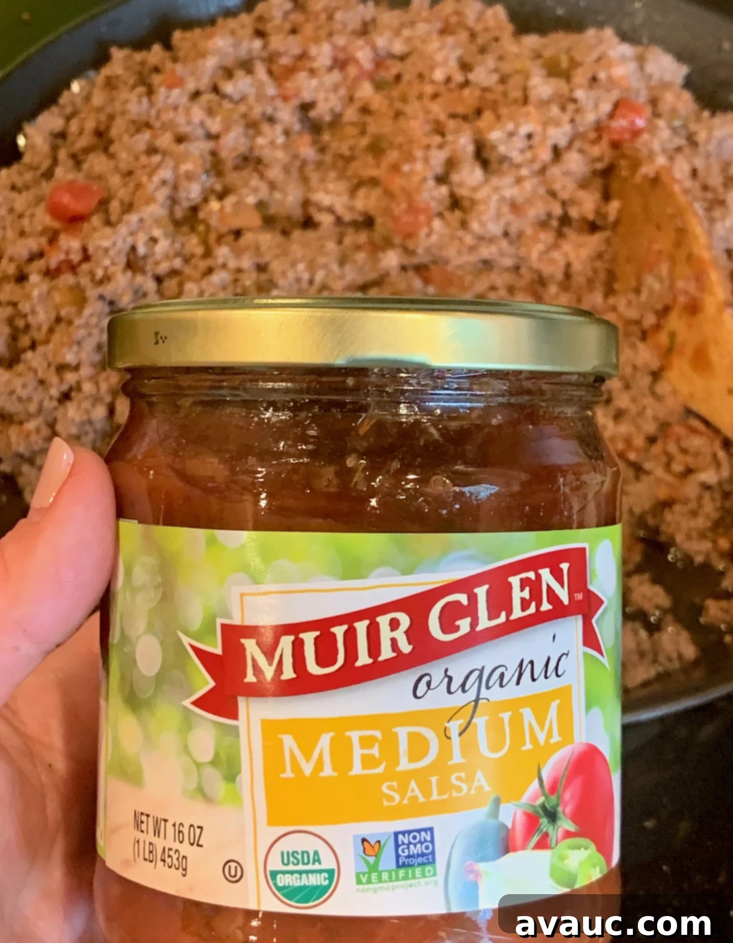 Easy Gluten Dairy Free One Pan Taco Skillet 2 Jar of Muir Glen Medium salsa.