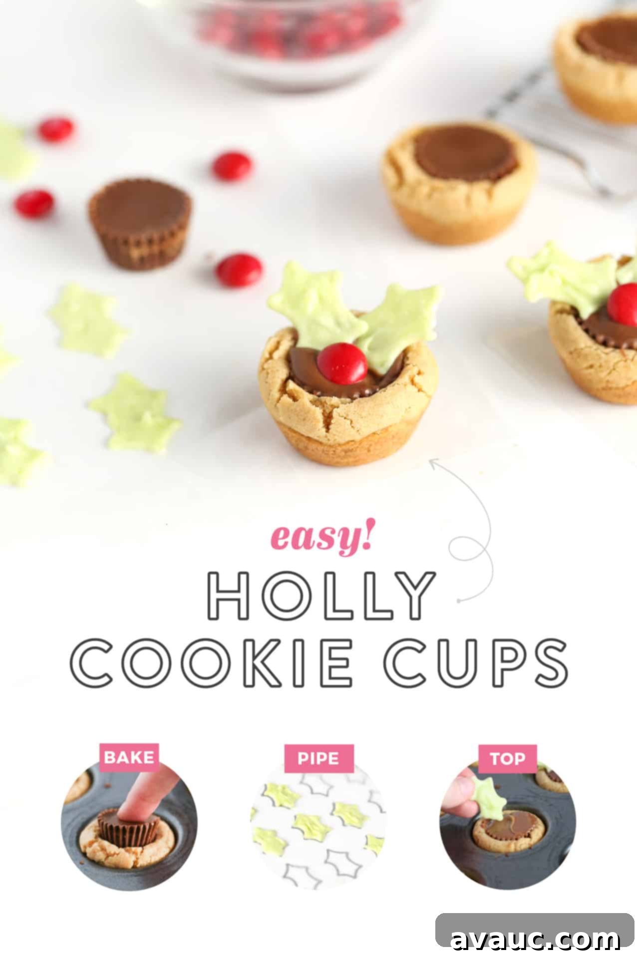 Holly Jolly Cookie Cups 2 Easy Christmas Holly Cookies using mini Reeses Peanut Butter Cups, M&M's, and piped almond bark! Includes free holly leaf template to help pipe perfect chocolate leafs!