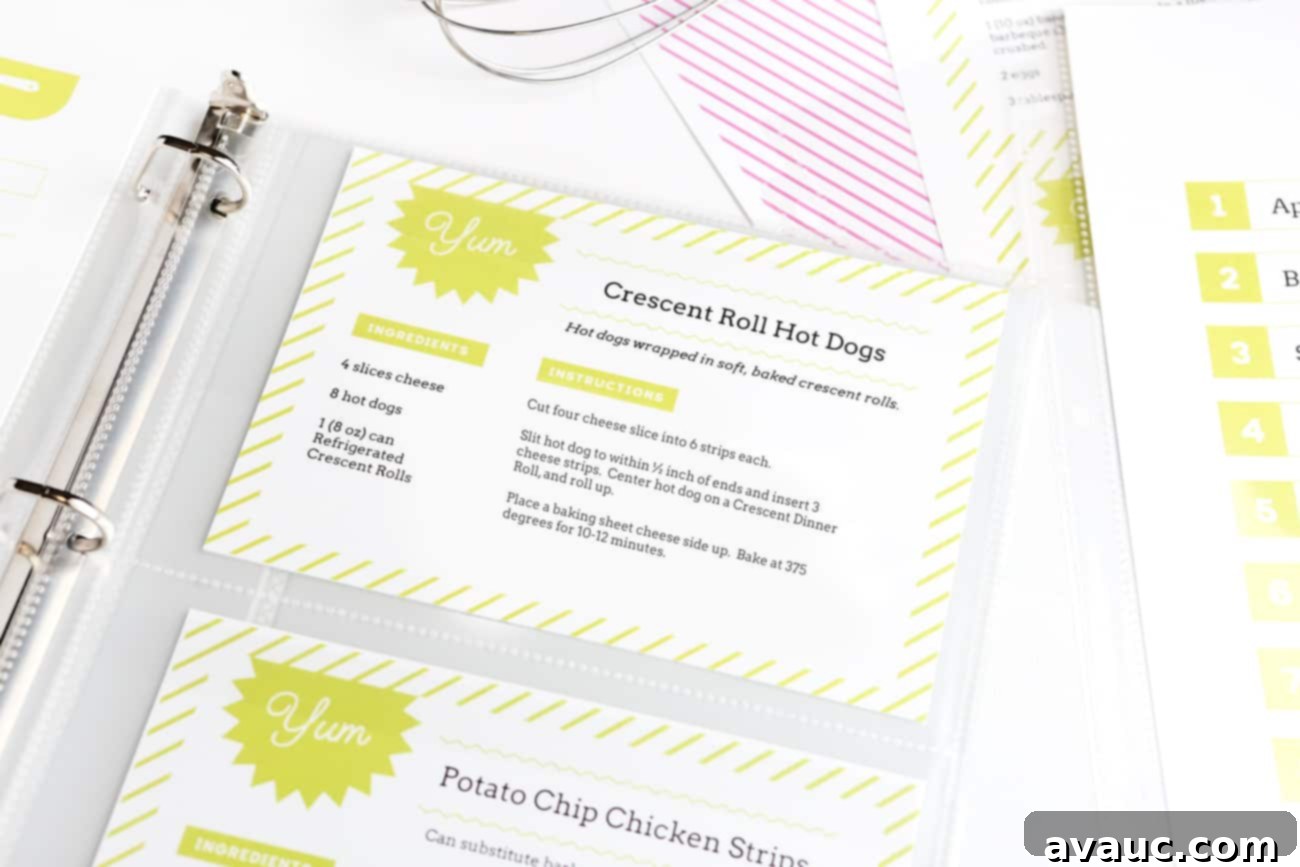 Two customizable half-page recipe cards displayed inside a sheet protector.
