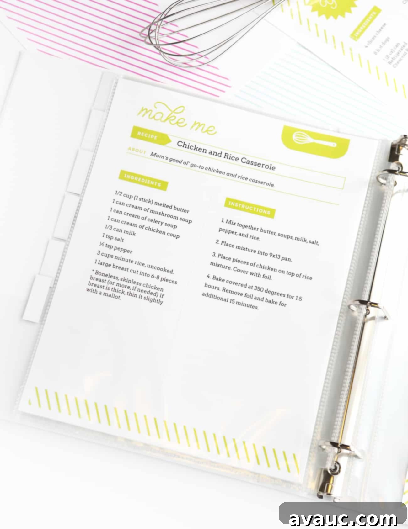 A full-page recipe template with placeholders for ingredients and instructions.
