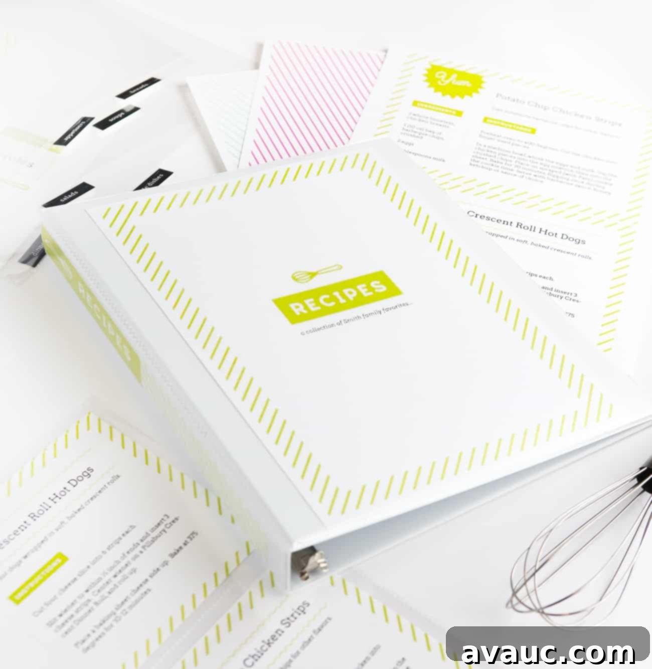 A vibrant, open DIY recipe binder displaying a customizable cover and table of contents.
