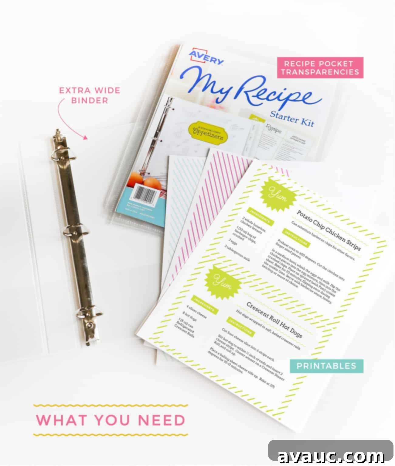 A collection of the materials needed to create a DIY recipe binder, including templates and a binder.