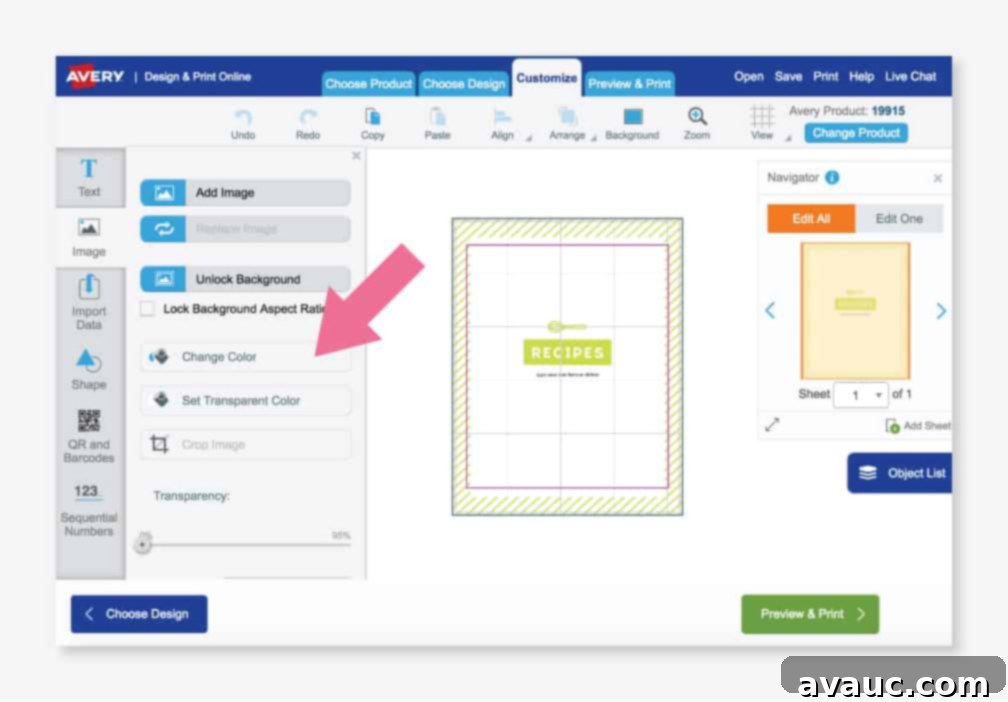 Screenshot demonstrating how to change colors within Avery Design & Print software.