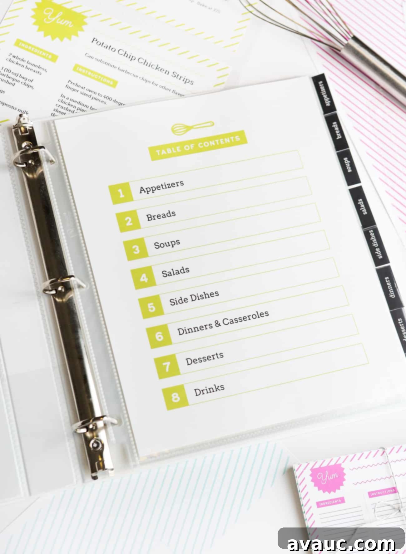 A customized table of contents page within the DIY recipe binder, ready for category listing.