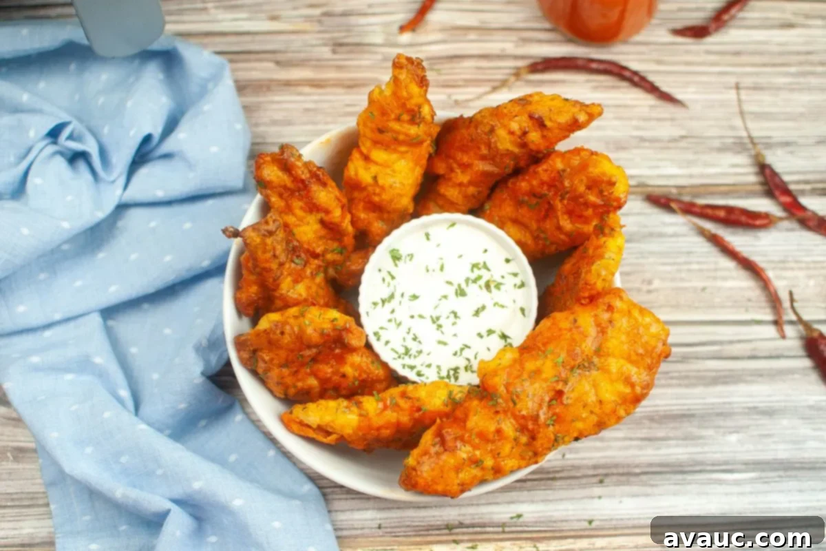 A bowl of golden crispy buffalo chicken tenders, served with a side of ranch or blue cheese dipping sauce.