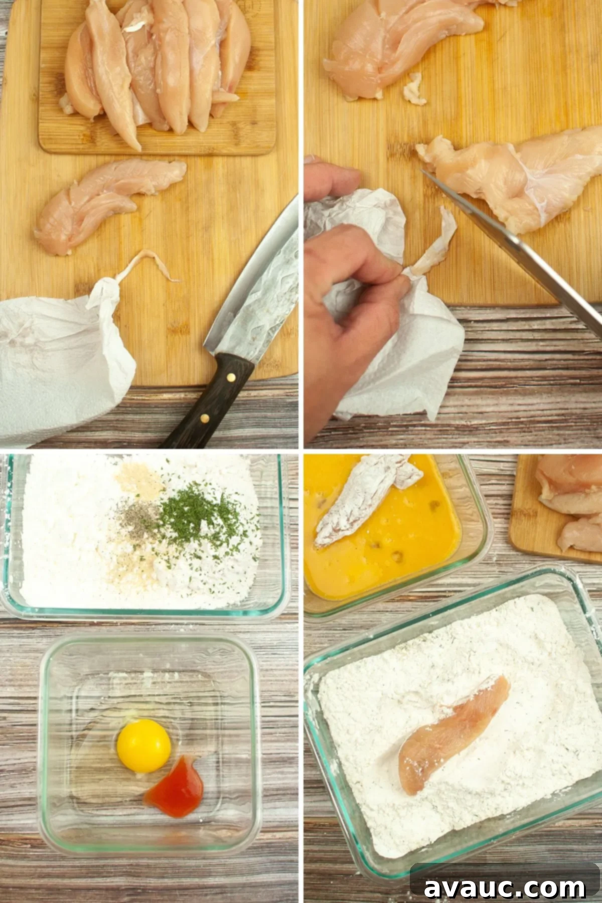 Step-by-step photos showing the process of breading and air frying chicken tenders.