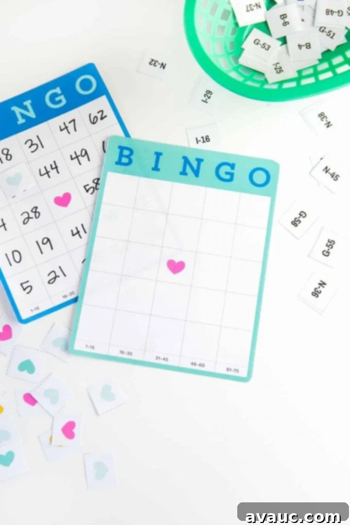 Cute blank bingo cards with hearts and bingo marker pieces ready for a fun game