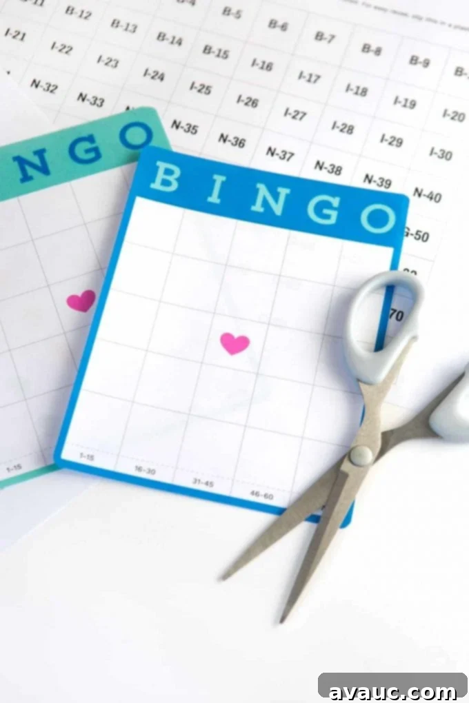 Two blank bingo cards printed on a single sheet of paper, ready to be cut