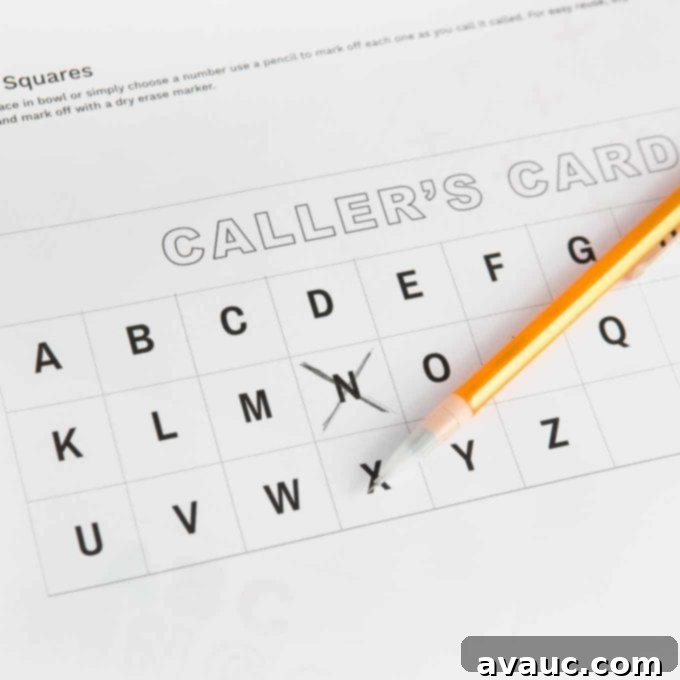 Get Your Free Printable ABC Bingo 5 Alphabet Bingo Caller's Card with pencil crossing out letter