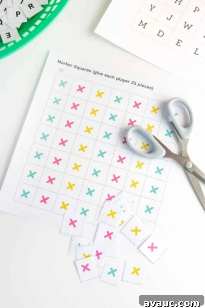 Get Your Free Printable ABC Bingo 6 Sheet of colorful printable alphabet bingo markers being cut out