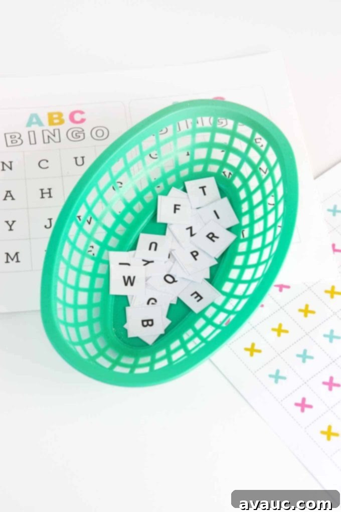 Get Your Free Printable ABC Bingo 7 Green basket of alphabet bingo caller squares