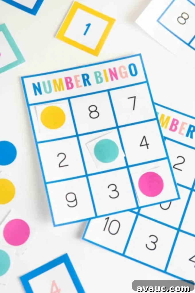 Colorful number bingo square with three marker squares in a row, indicating a winner