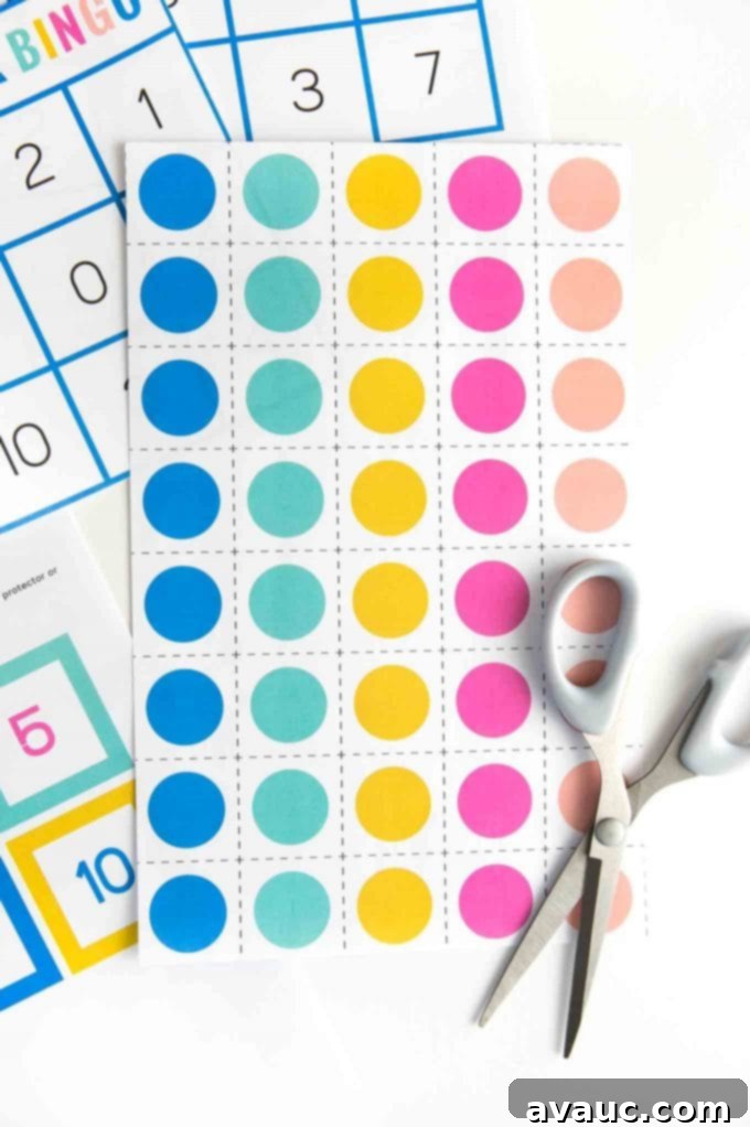 Printed sheet of colorful number bingo marker squares, ready to be cut