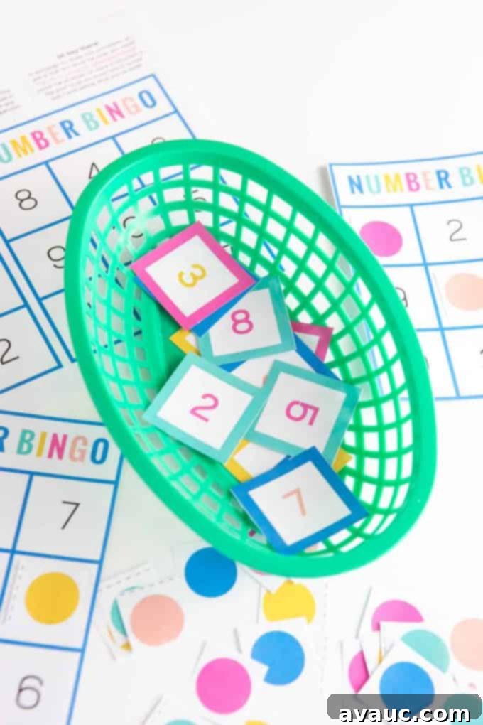 Basket containing small squares with numbers 0-10 for the bingo caller