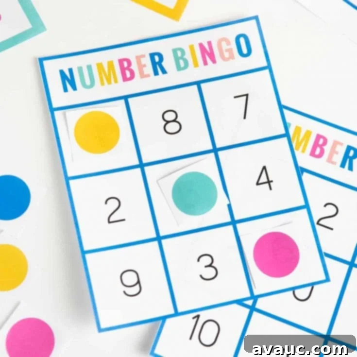 Printable Number Bingo for ages 4-7 with numbers 0-10