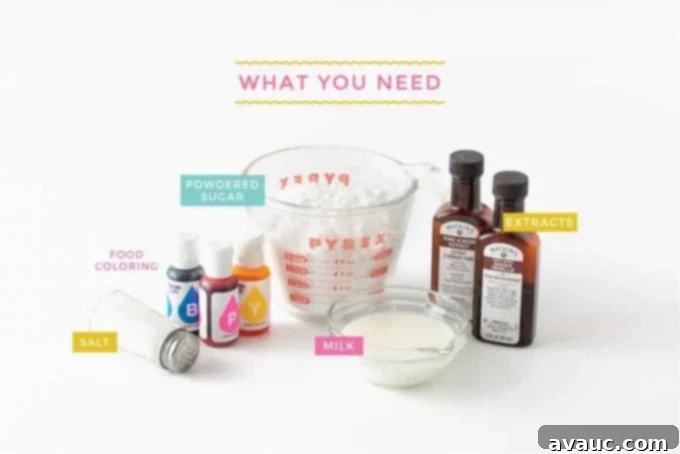 A flat lay of all the simple ingredients required to make powdered sugar icing for cookies, including powdered sugar, milk, and extracts.