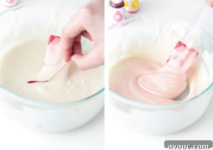 A step-by-step image showing red food coloring being added with a toothpick and then stirred to create pink icing.