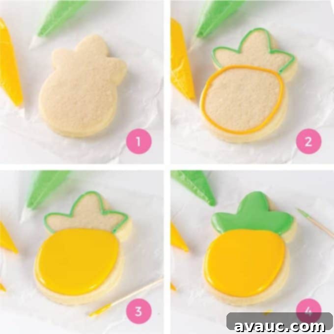 How to outline and flood pineapple sugar cookie with royal icing