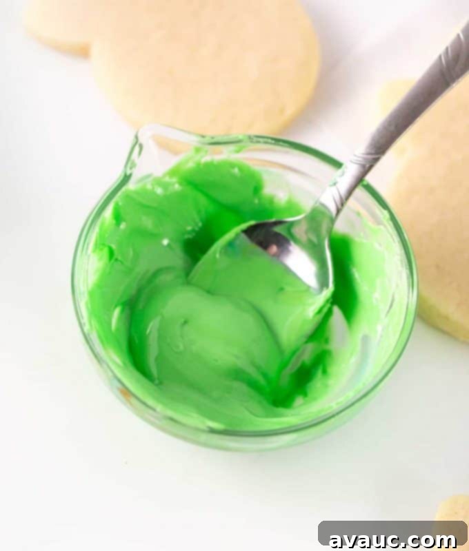Bowl of green Royal Icing for Sugar Cookies